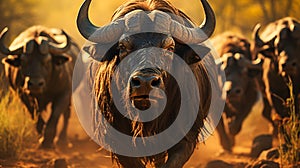 A group of wildebeests in grassy forest of africa