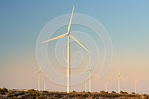 Group of wind power station for renewable electric energy production. Windmills on the sunset. High wind turbines for generation