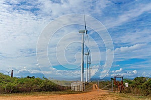 Group of Wind power stations side view on blue sky background