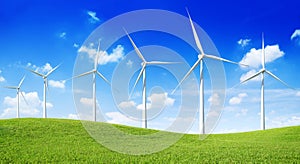 Group of Wind Turbines on the green hill