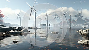 A group of wind turbines sitting on top of a lake. Generative AI image.