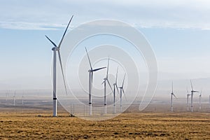 Group of wind turbines on wilderness