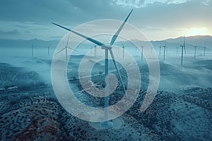 A group of wind turbines in a windy desert landscape, generating power under a stormy sky. AI generated.