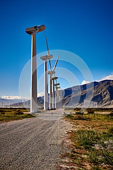 Group of Windmills with Gravel Road and Gate