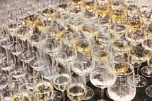 Group of wine glasses at partytime. Hospitality background