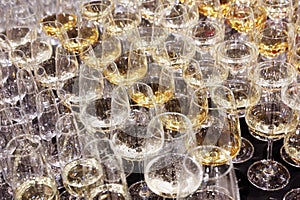 Group of wine glasses at partytime. Hospitality background