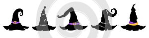 Group of witch hats silhouettes, Halloween decoration, vector design elements