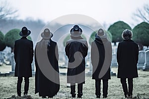 Group of witches or goths in black clothes at cemetary. Generative AI