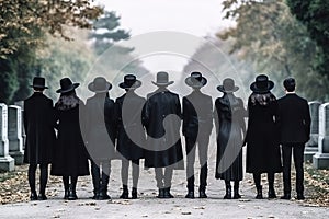 Group of witches or goths in black clothes at cemetary. Generative AI