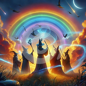 A group of wizards casting spells to create a magical rainbow i photo