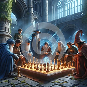 A group of wizards playing a game of magical chess in a castlec photo