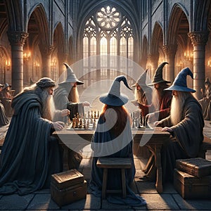 A group of wizards playing a game of magical chess in a castlec photo