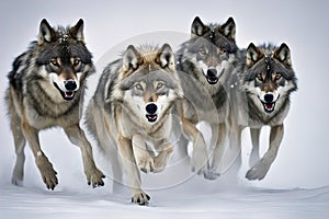 A group of wolfs running in the snow