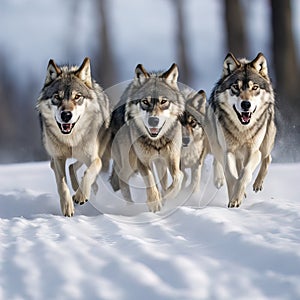 A group of wolfs running in the snow