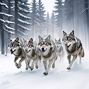 A group of wolfs running in the snow