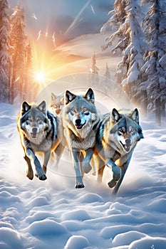 A group of wolfs running in the snow