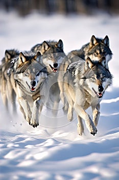 A group of wolfs running in the snow