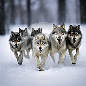 A group of wolfs running in the snow