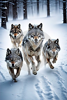 A group of wolfs running in the snow