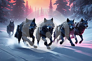A group of wolfs running in the snow