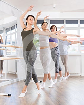 Group of women beginners practicing at ballet barre