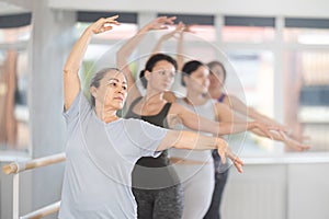 Group of women beginners practicing at ballet barre