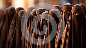 A group of women in burkas standing in a line. Generative AI image.