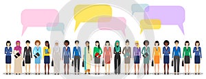 Group of women businesswomen standing together and speech bubbles on white background in flat style. Business team and