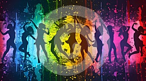 A group of women dancing in silhouette on a rainbow colored background, AI