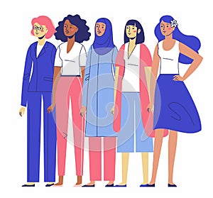 Group of women. Different female characters of diverse ethnicity standing together.