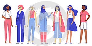 Group of women. Different female characters of diverse ethnicity standing together.