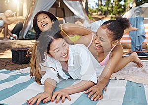 Group, women friends and woods for camping, funny and laying on blanket with joke, diversity and vacation. Young girl