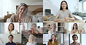 Group of women look at camera, having talk, collage view