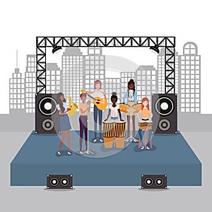 Group of women music band playing instruments