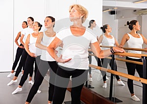 Group of women perform the battement tendu movement, standing in a ballet stance near the barre