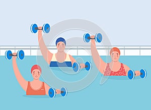 Group of women performing water aerobics exercises with foam dumbbell in the pool of sports center. Weight loss training. Concept