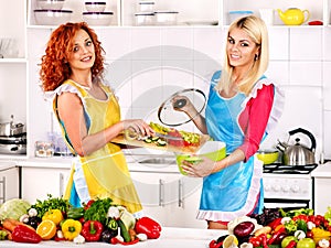 Group women preparing food at kitchen.