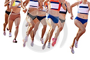 group women runners athletes running 800 metres in summer athletics