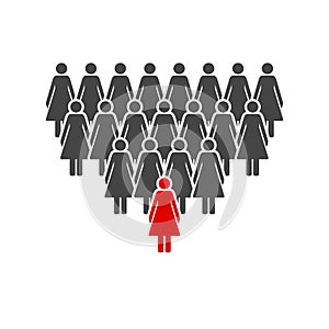 A group of women silhouette icon, the leader in front is highlighted in red. Vector illustration