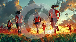 Group of women soccer players running on the field at sunset