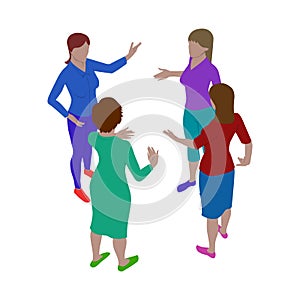 Group of women talk energetically while standing. Scene of three people in isometric view. Isolated team of staff
