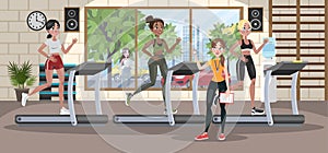 Group of women training on the treadmill
