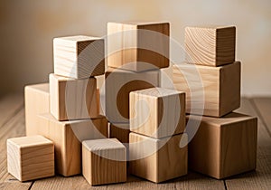 A group of wooden blocks is arranged in a stack on a wooden