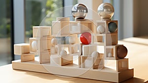 A group of wooden blocks with balls on top