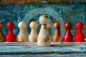 Group of wooden chess pieces on wooden table. Generative AI