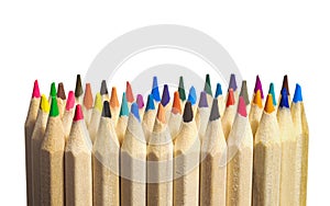 Group of Wooden Colored Pencils Ready to Use on White Background with Space for Text
