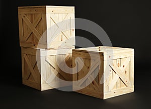 Group of wooden crates on black photo