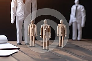 Group of wooden figures of business people standing in a row on wooden floor, Team meeting and presentation concept without any