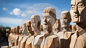 A group of wooden figures close-up. Generative AI.