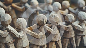 A group of wooden figures holding hands, they are all the same except one, which is different AIG535 photo